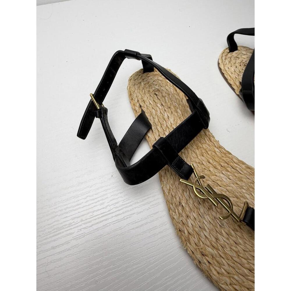 Saint Laurent YSL Espadrille Sandals Black Gold Sz 37 Leather - Picture 3 of 6